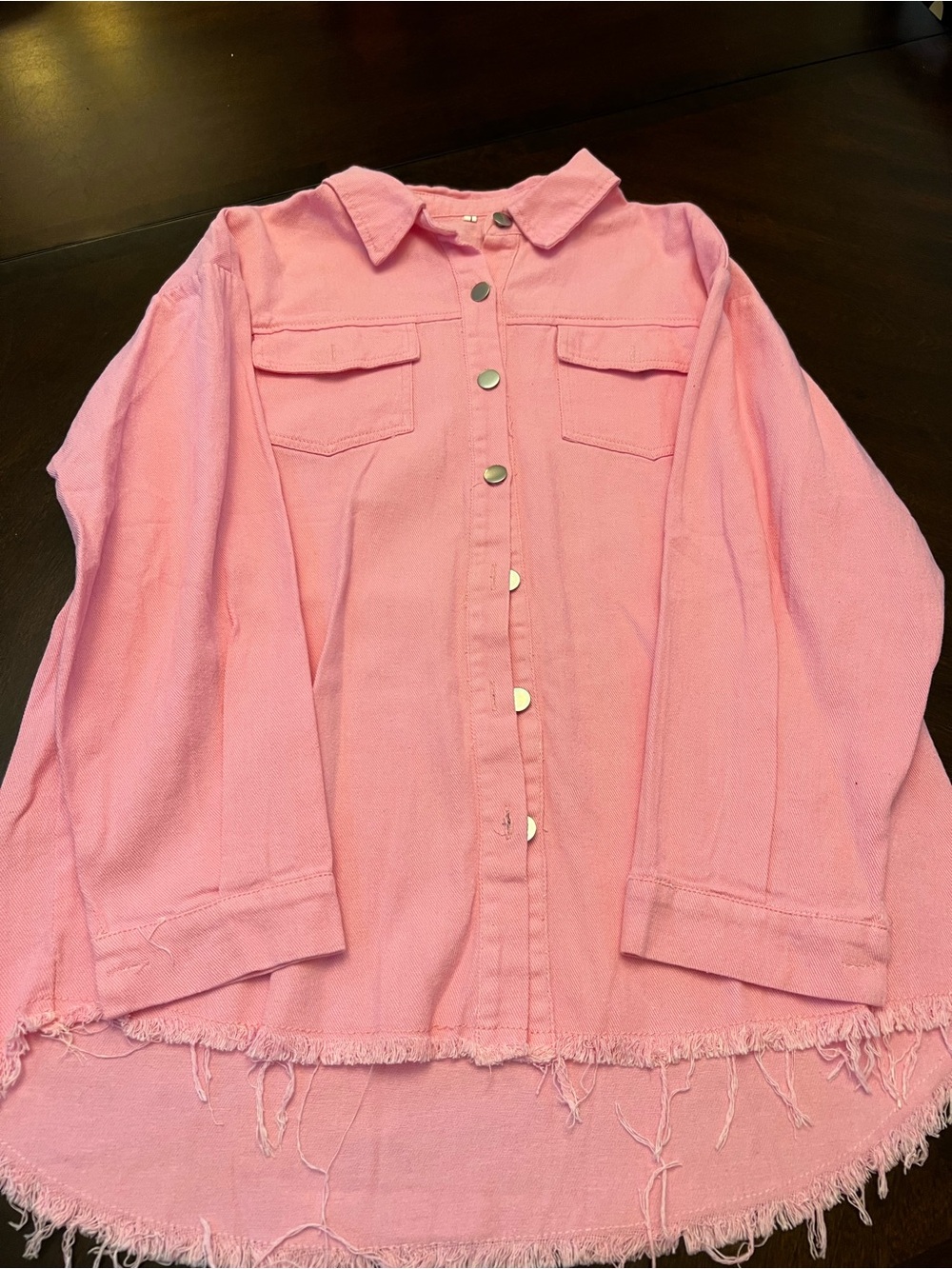 Pink Button-Front Frayed Hem Shirt Jacket
